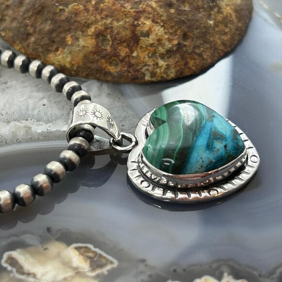 Sterling Silver Southwestern Style Azurite Malachite Heart Pendant For Women - Picture 3 of 10